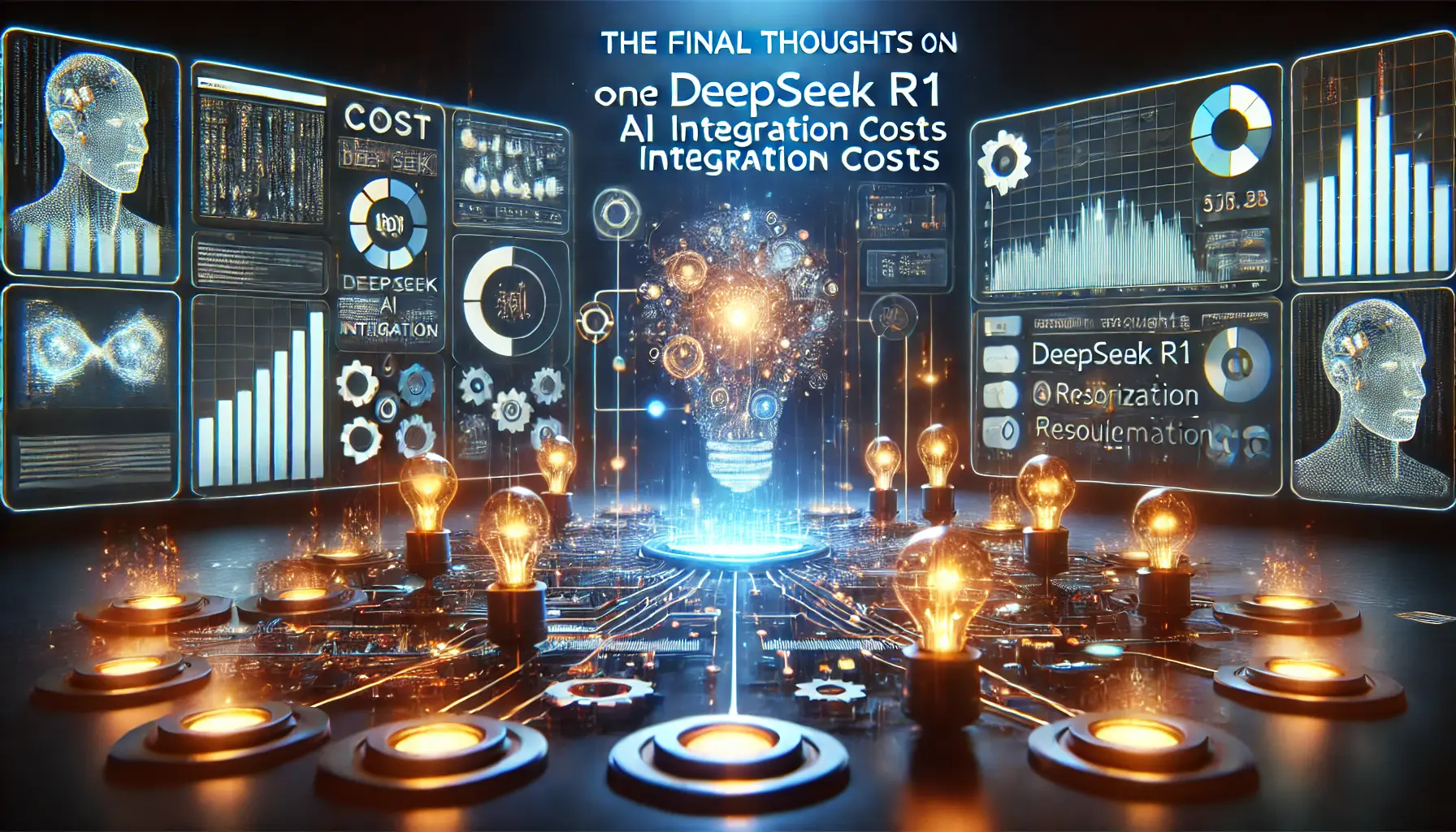 High-tech digital concept representing the final thoughts on DeepSeek R1 integration costs, featuring cost analytics, financial graphs, and resource management tools.