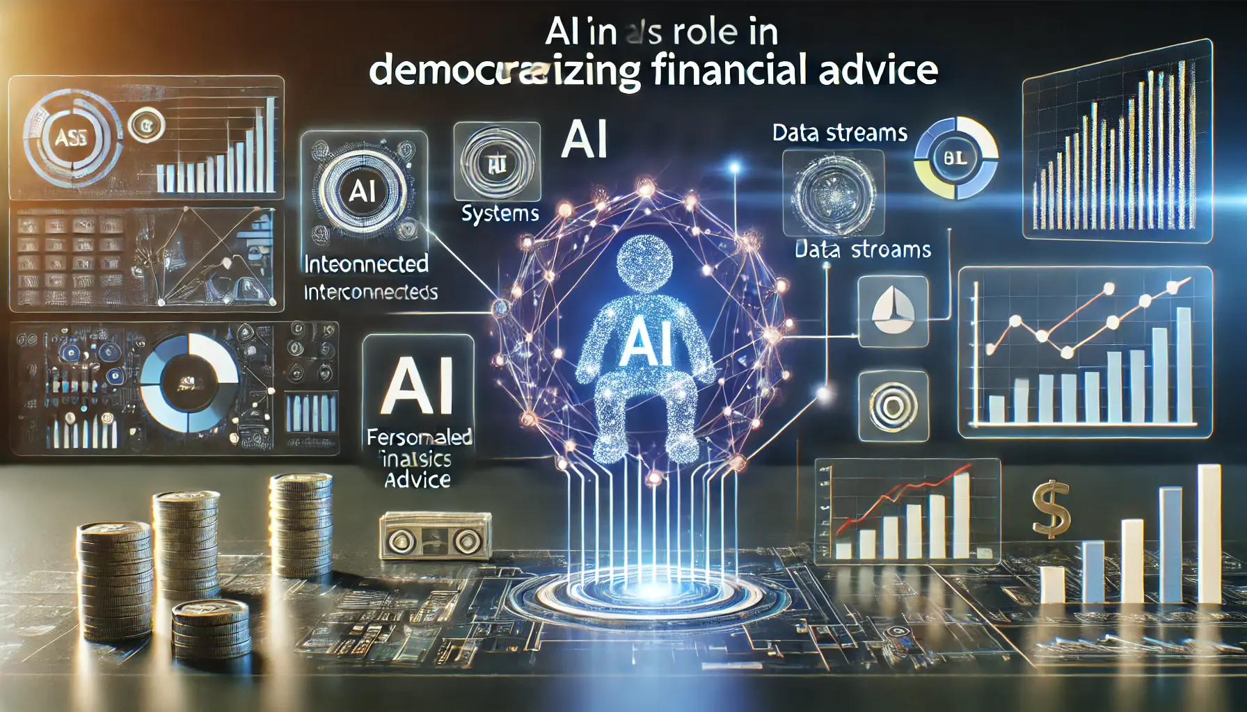 High-tech digital concept illustrating AI's role in providing personalized financial advice, with financial dashboards, graphs, and data streams.