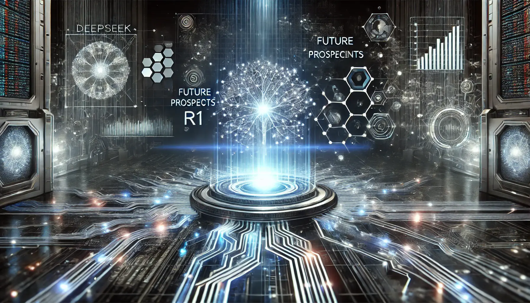 A futuristic digital concept showing an evolving AI system surrounded by glowing data streams, symbolizing advancements and updates for DeepSeek R1.