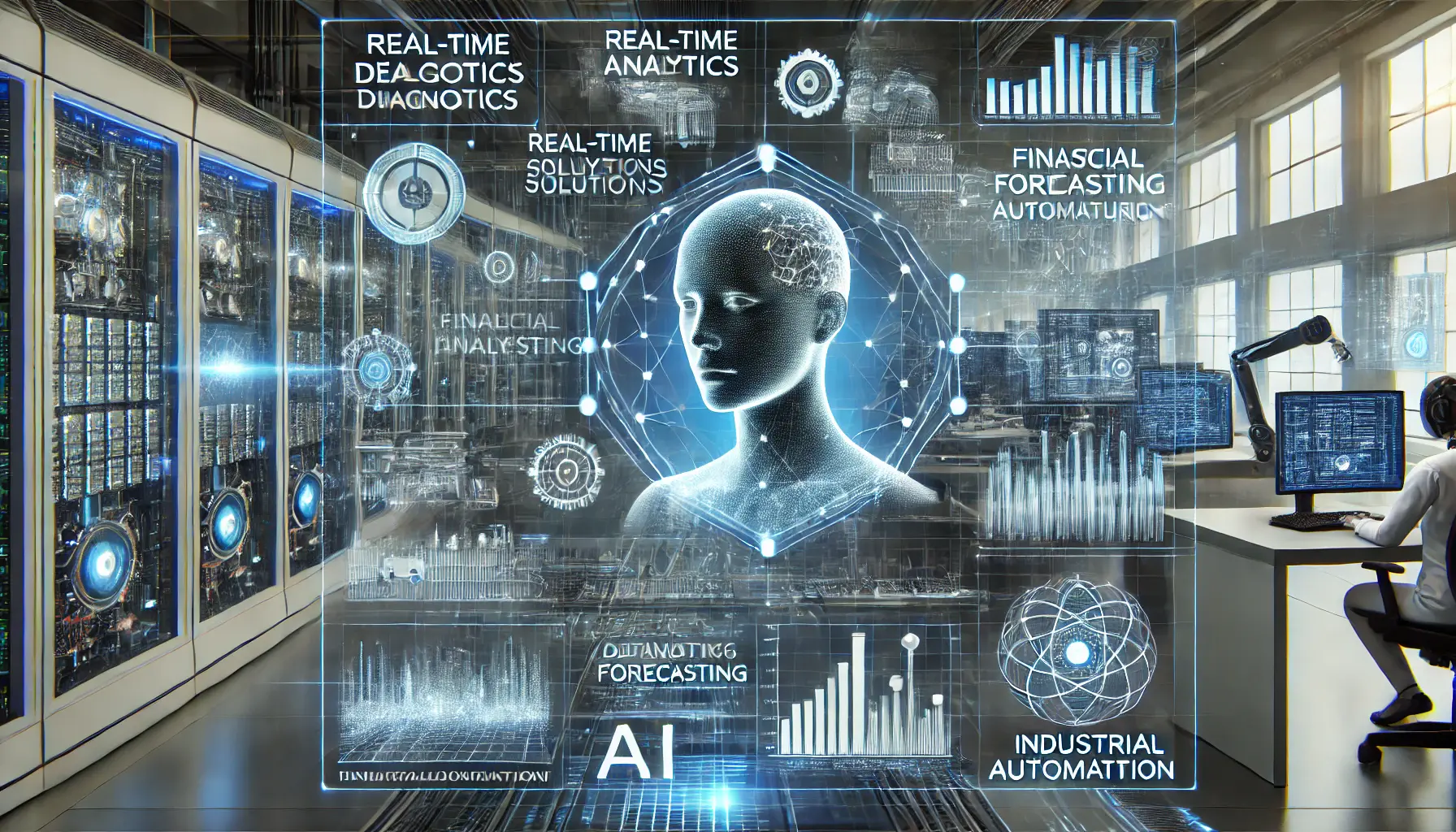 A futuristic AI system managing complex tasks across healthcare, finance, and manufacturing with holographic interfaces displaying real-time analytics.