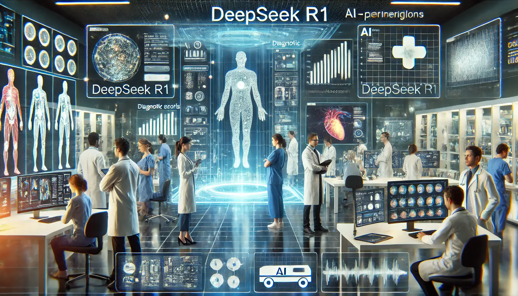 A high-tech healthcare environment where professionals use DeepSeek R1 for diagnostic support, analyzing patient data and medical records.