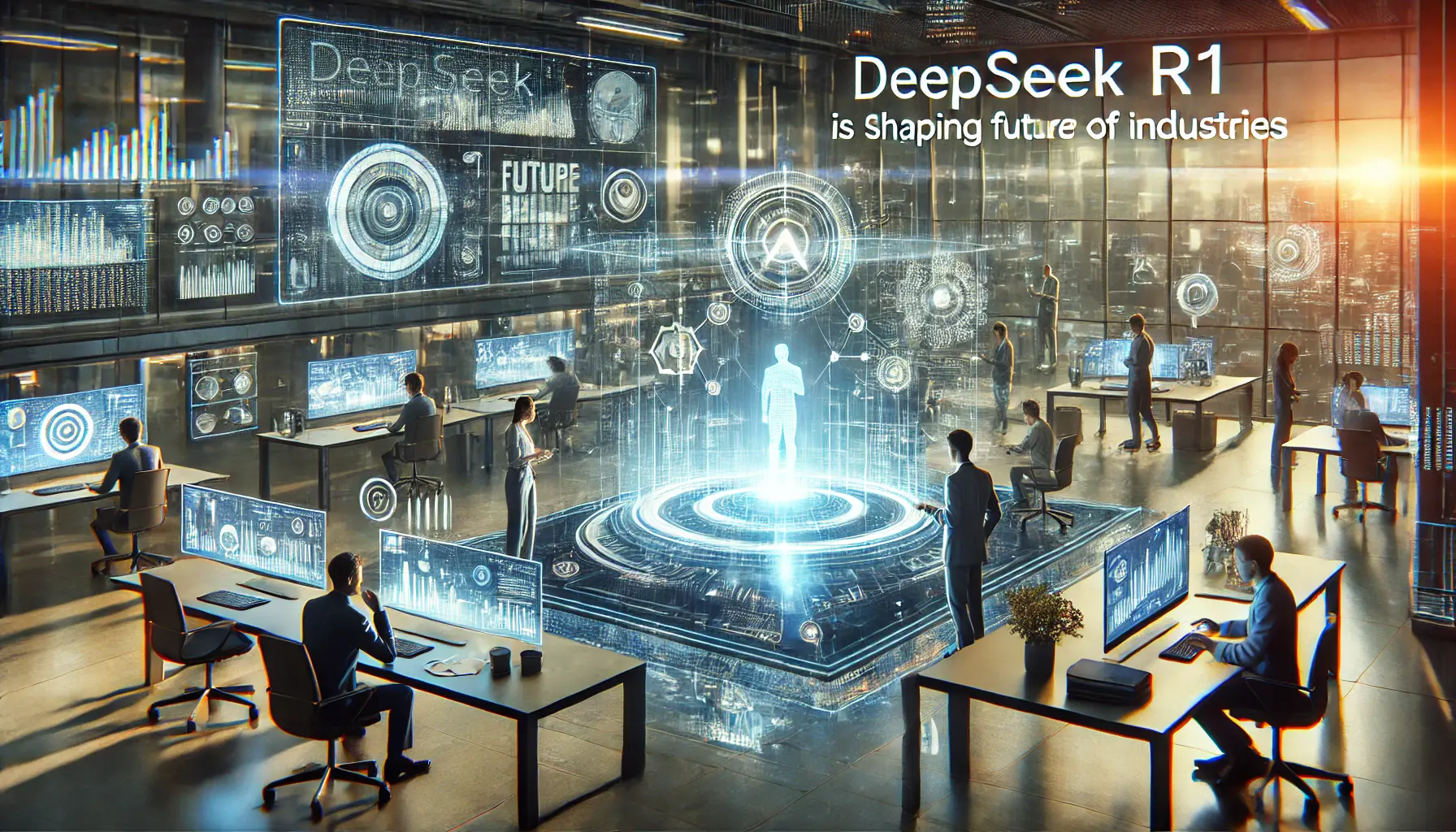 A futuristic business environment where DeepSeek R1 is shaping the future with AI tools for trend prediction, data analysis, and automated decision-making.