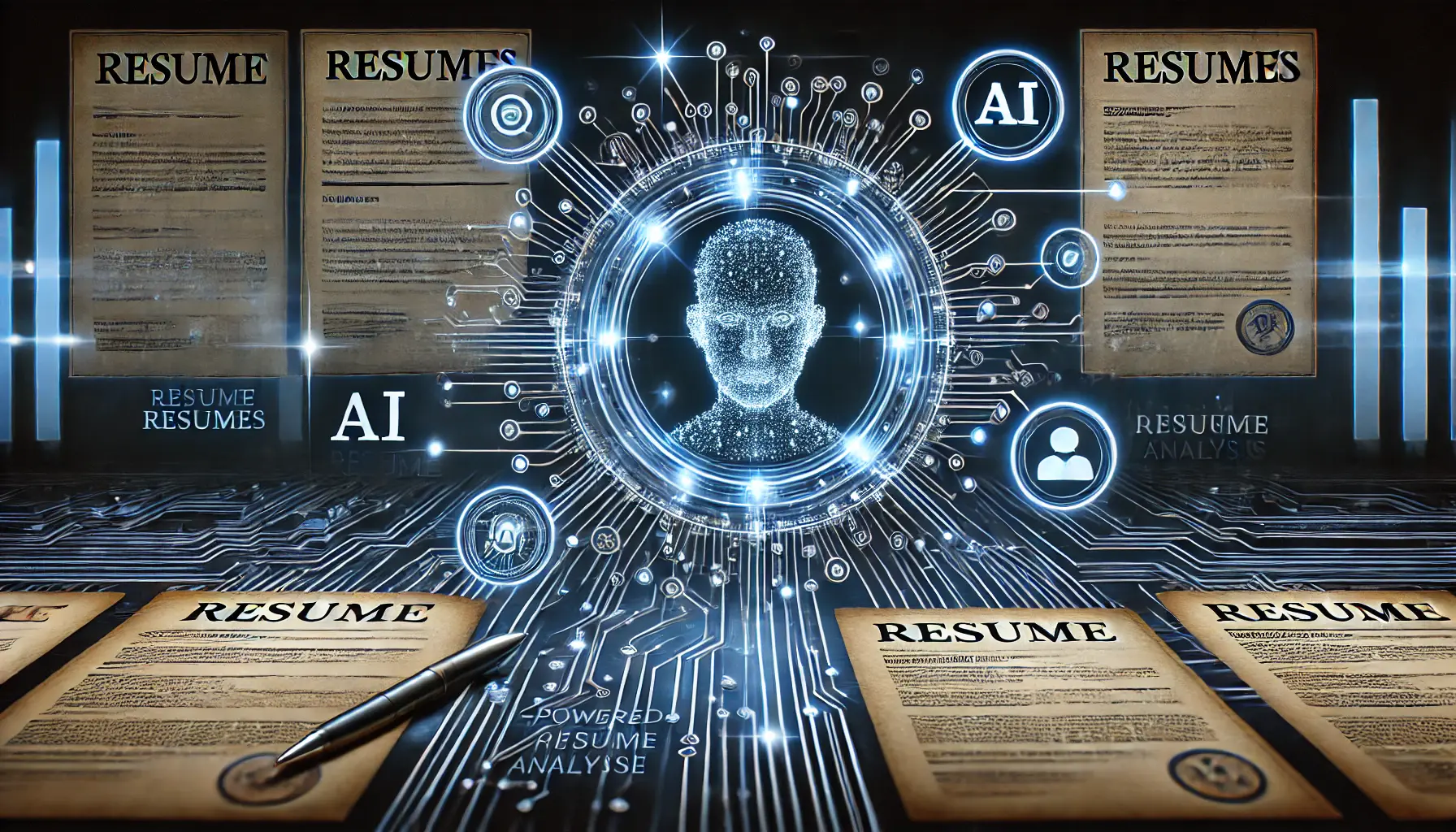 High-tech digital concept illustrating AI-powered resume analysis, with resumes being processed by an AI system using glowing data streams and interconnected nodes.