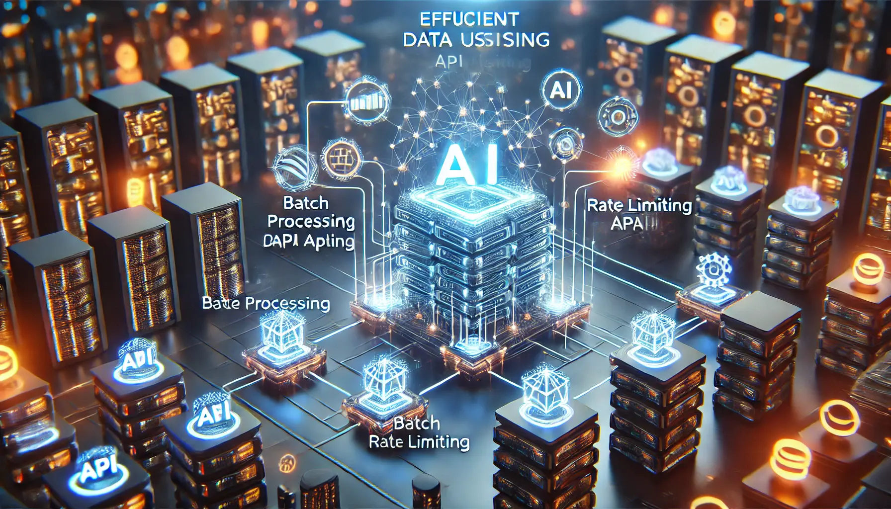 High-tech digital concept illustrating efficient API usage in AI systems, with optimized data flows and API connections.