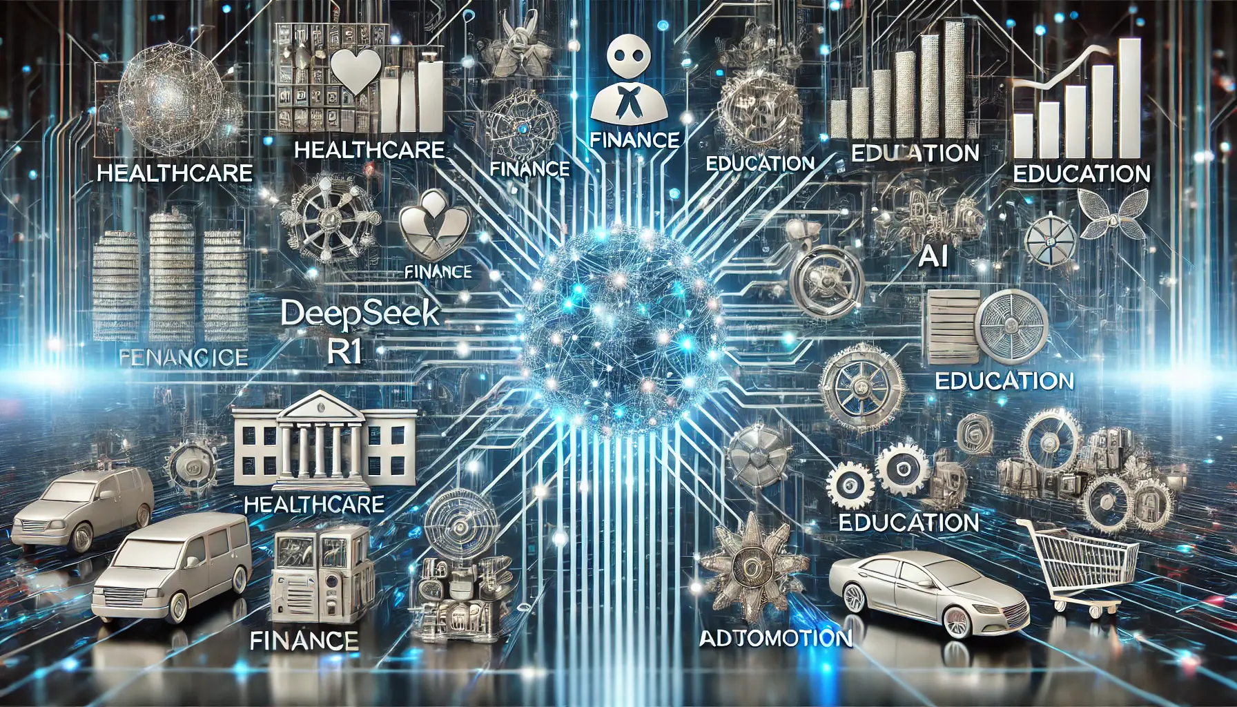 A digital concept showing the industry-wide applications of DeepSeek R1, with data streams flowing into sectors like healthcare, finance, education, and automotive.