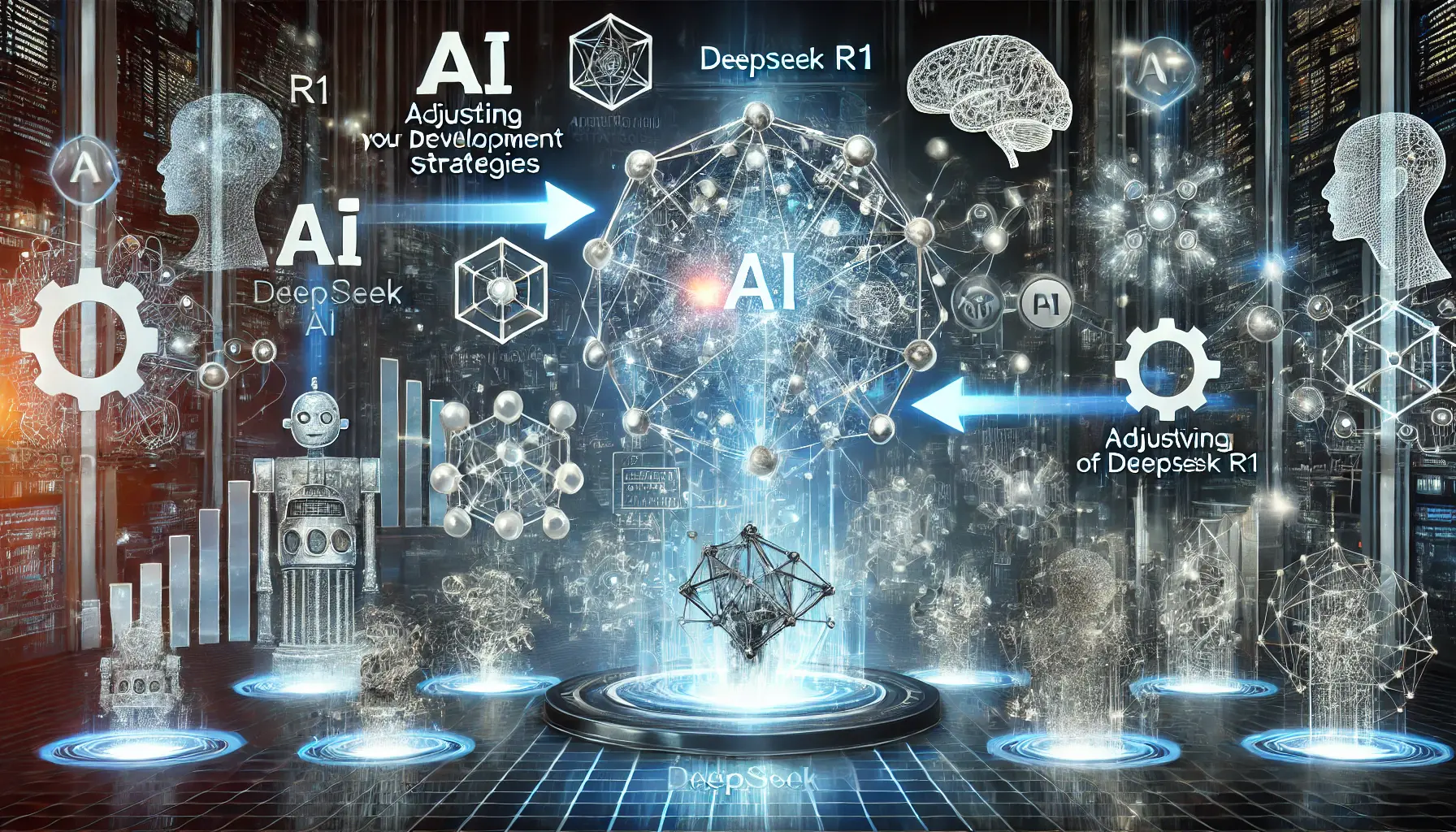 A futuristic digital concept showing the impact of DeepSeek R1 on AI development strategies, with interconnected neural networks and evolving AI systems.