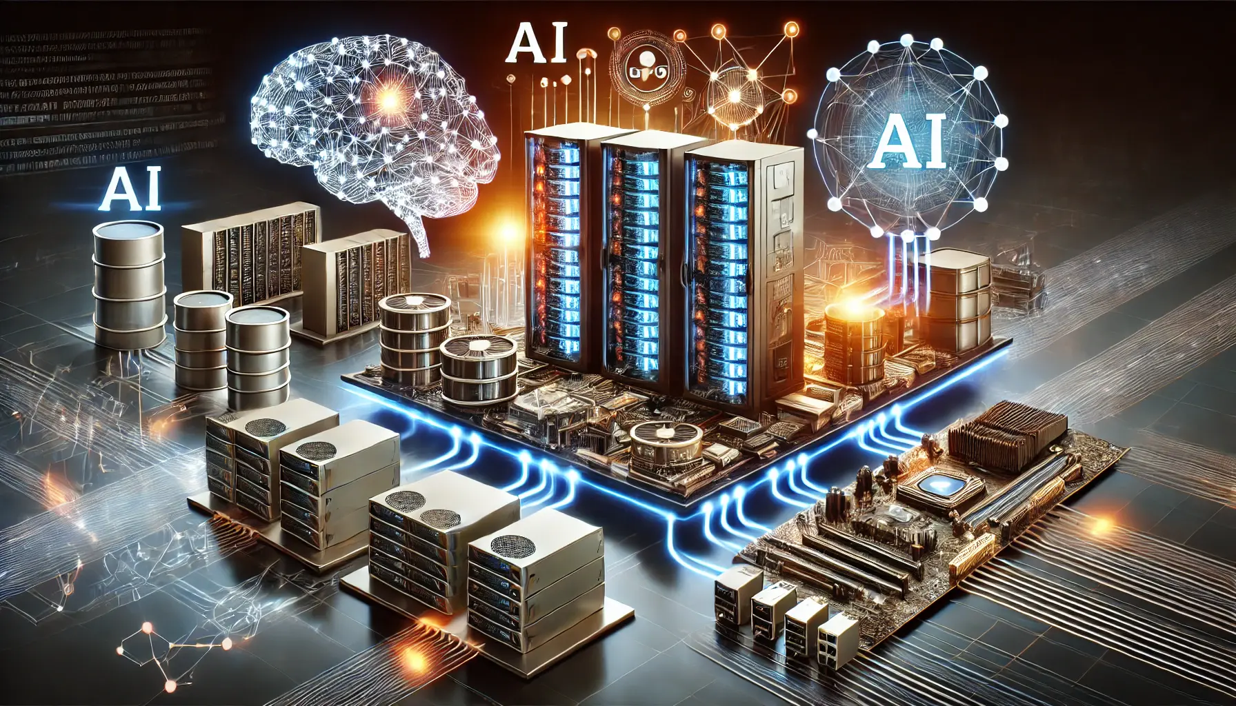 High-tech digital concept representing infrastructure requirements for AI integration, including servers, GPUs, storage systems, and network connections.