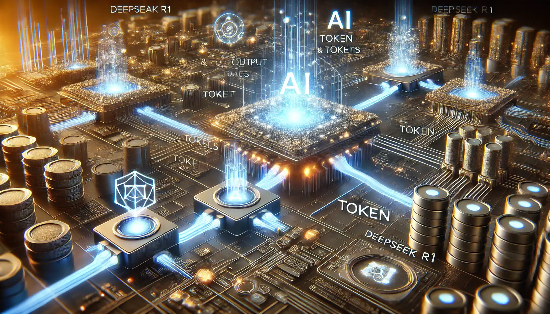 High-tech digital concept showing the flow of input and output tokens with interconnected AI nodes and glowing data streams.