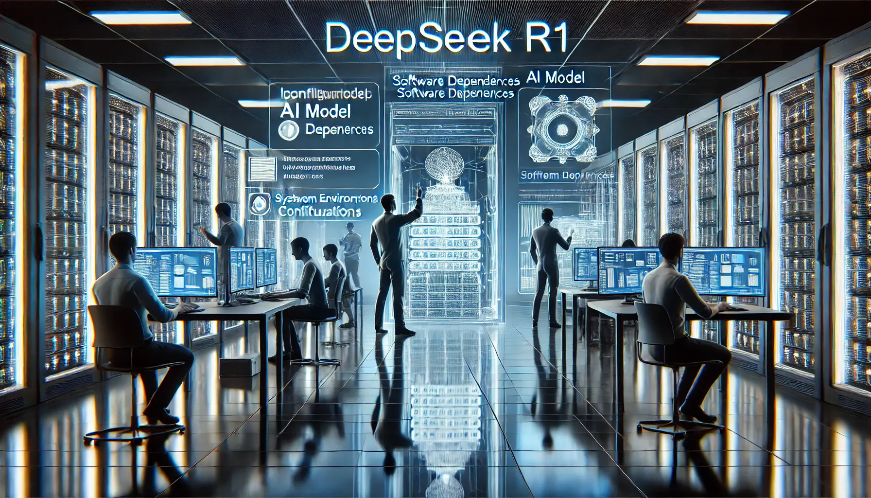 A high-tech server room with engineers configuring DeepSeek R1 on holographic displays, setting up AI models and system dependencies.