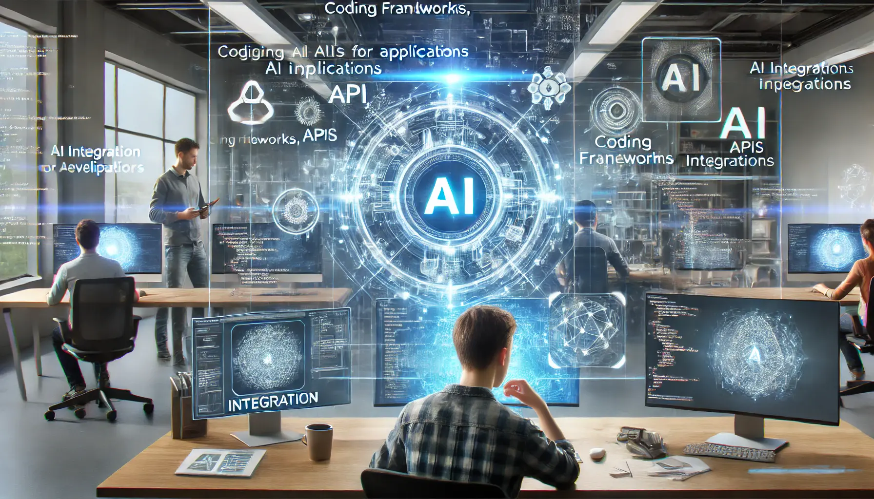 A futuristic AI development environment where developers integrate AI models into applications using holographic interfaces displaying coding frameworks and APIs.