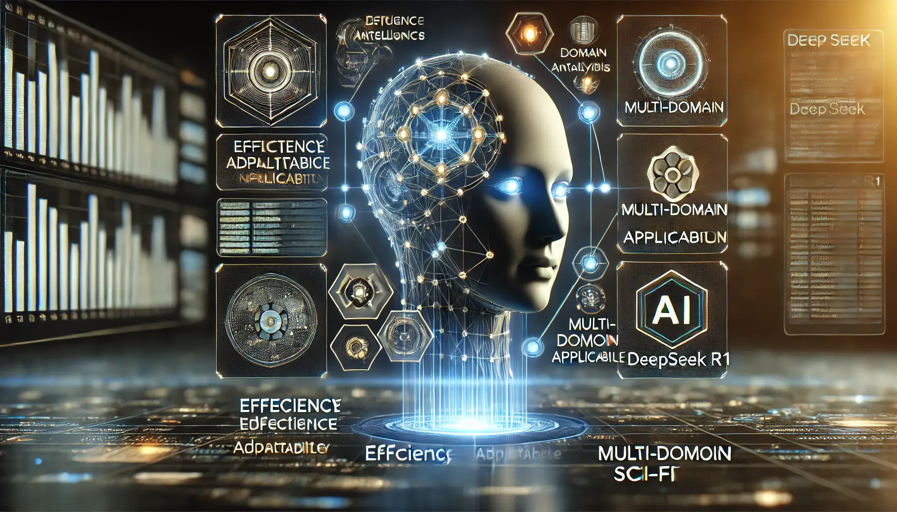 Futuristic AI-powered interface displaying key features with glowing data nodes, real-time analytics, and interconnected AI processes.