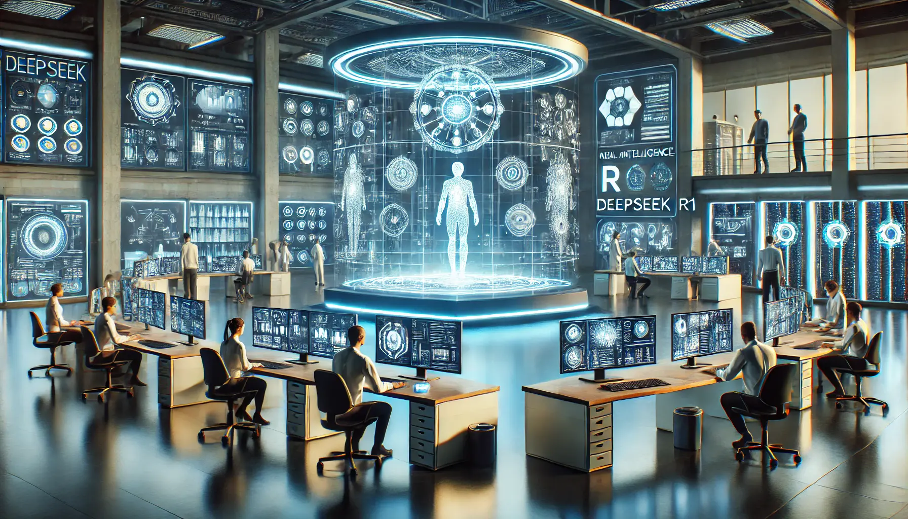 A futuristic AI-powered workspace with holographic data displays, neural network visualizations, and robotic assistants working alongside professionals.