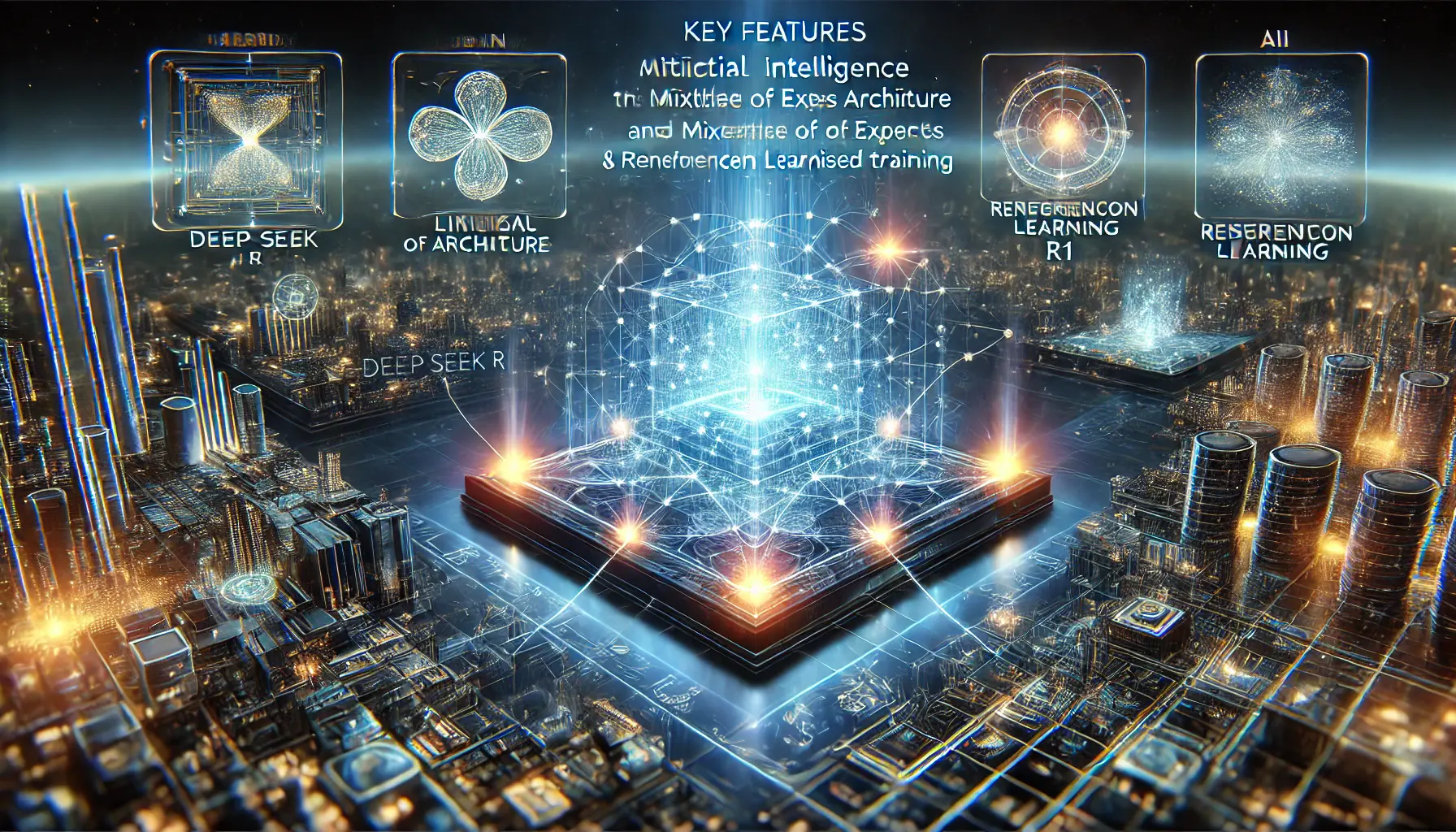 A futuristic AI network with interconnected glowing pathways, representing logical inference, problem-solving, and real-time decision-making.