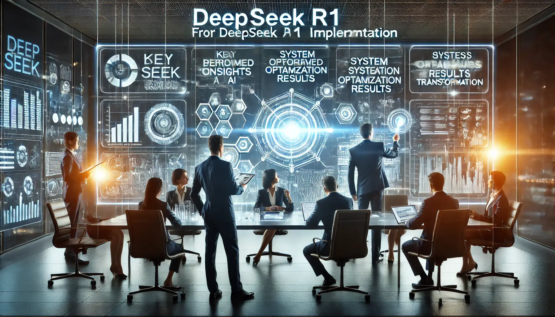 A futuristic meeting room where professionals review key insights and performance metrics after implementing DeepSeek R1.