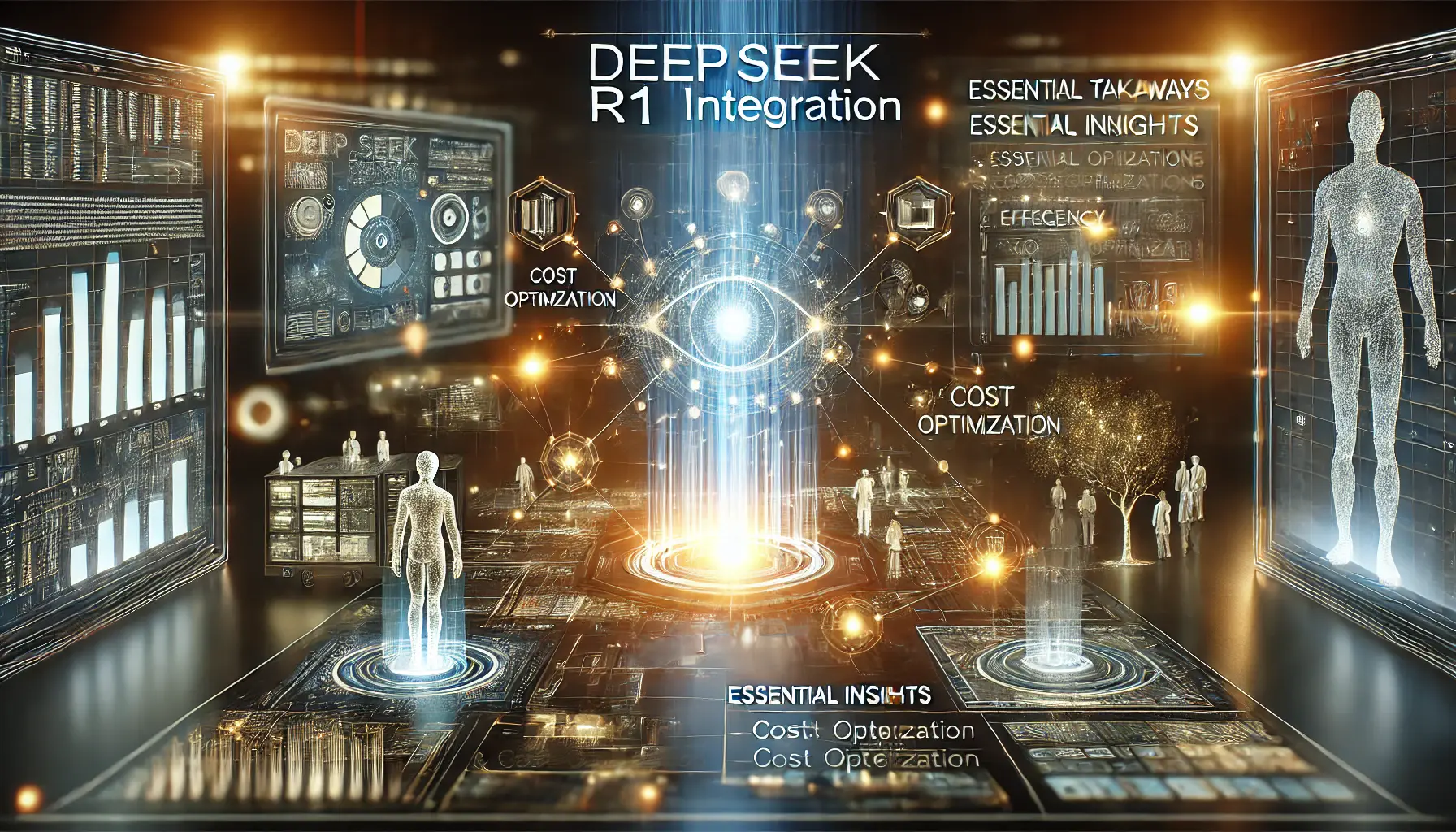 High-tech digital concept illustrating key takeaways from DeepSeek R1 integration, with glowing data streams and interconnected nodes representing essential insights.