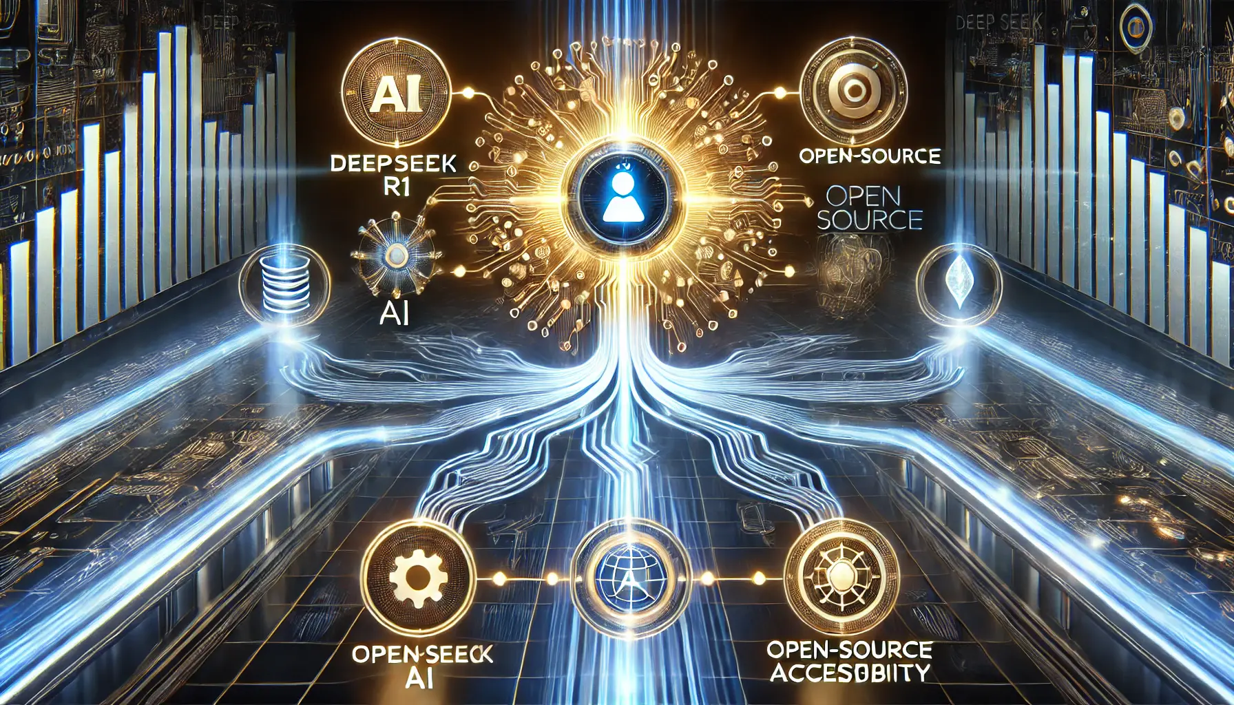 A digital concept representing the key takeaways from DeepSeek R1, featuring a central glowing AI system surrounded by multiple pathways symbolizing its strengths.