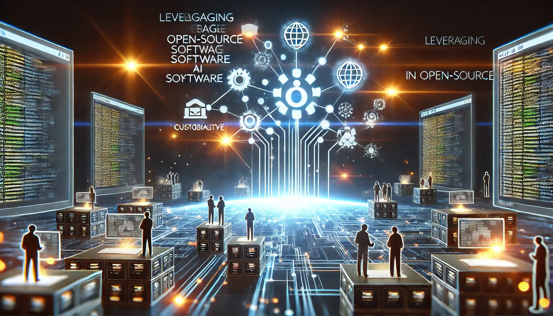 High-tech digital concept illustrating the benefits of leveraging open-source software in AI systems, with interconnected nodes representing collaboration, customization, and flexibility.