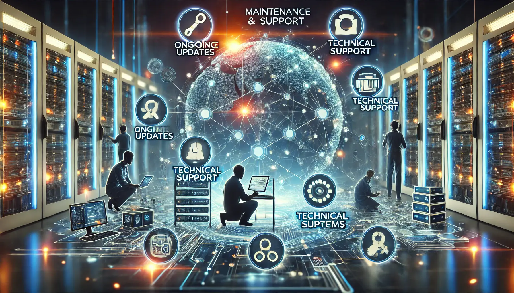 High-tech digital concept illustrating maintenance and support considerations for AI systems, with ongoing updates, technical support, and training programs.