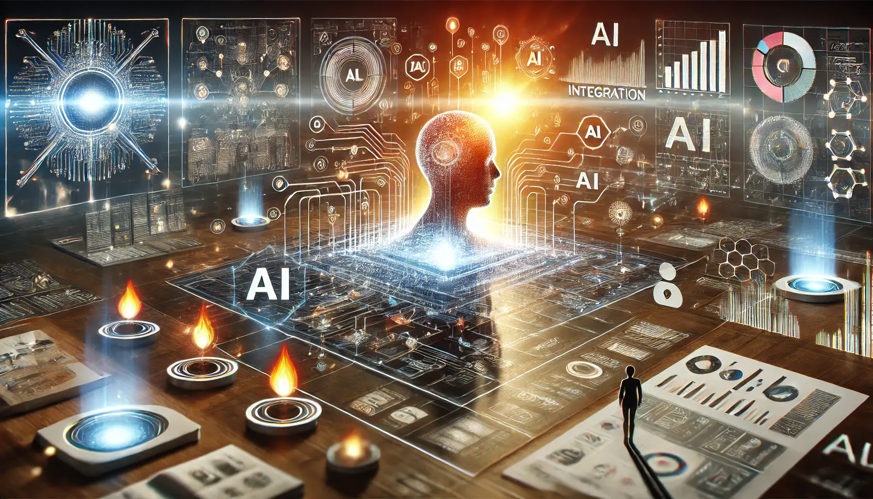 High-tech digital concept illustrating the process of making an informed decision in AI integration, with glowing data streams, interconnected AI systems, and visual decision-making tools.