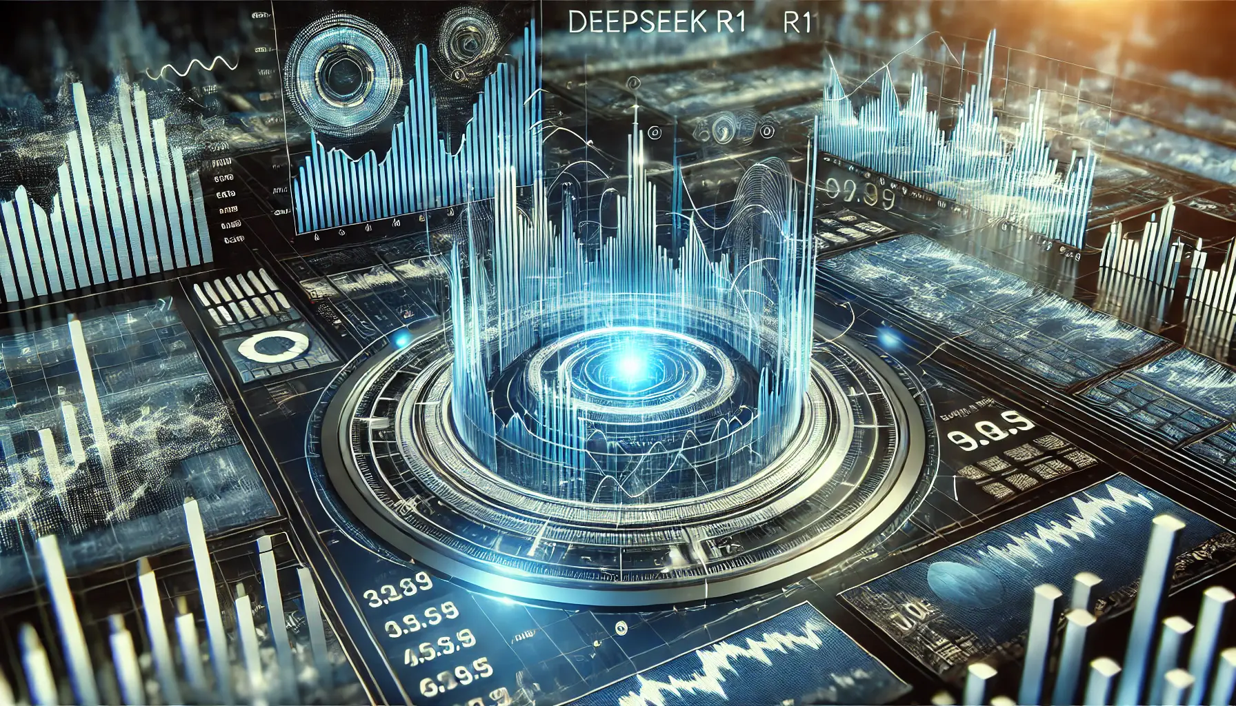 A digital representation of stock market reactions with fluctuating graphs and financial data after the release of DeepSeek R1.