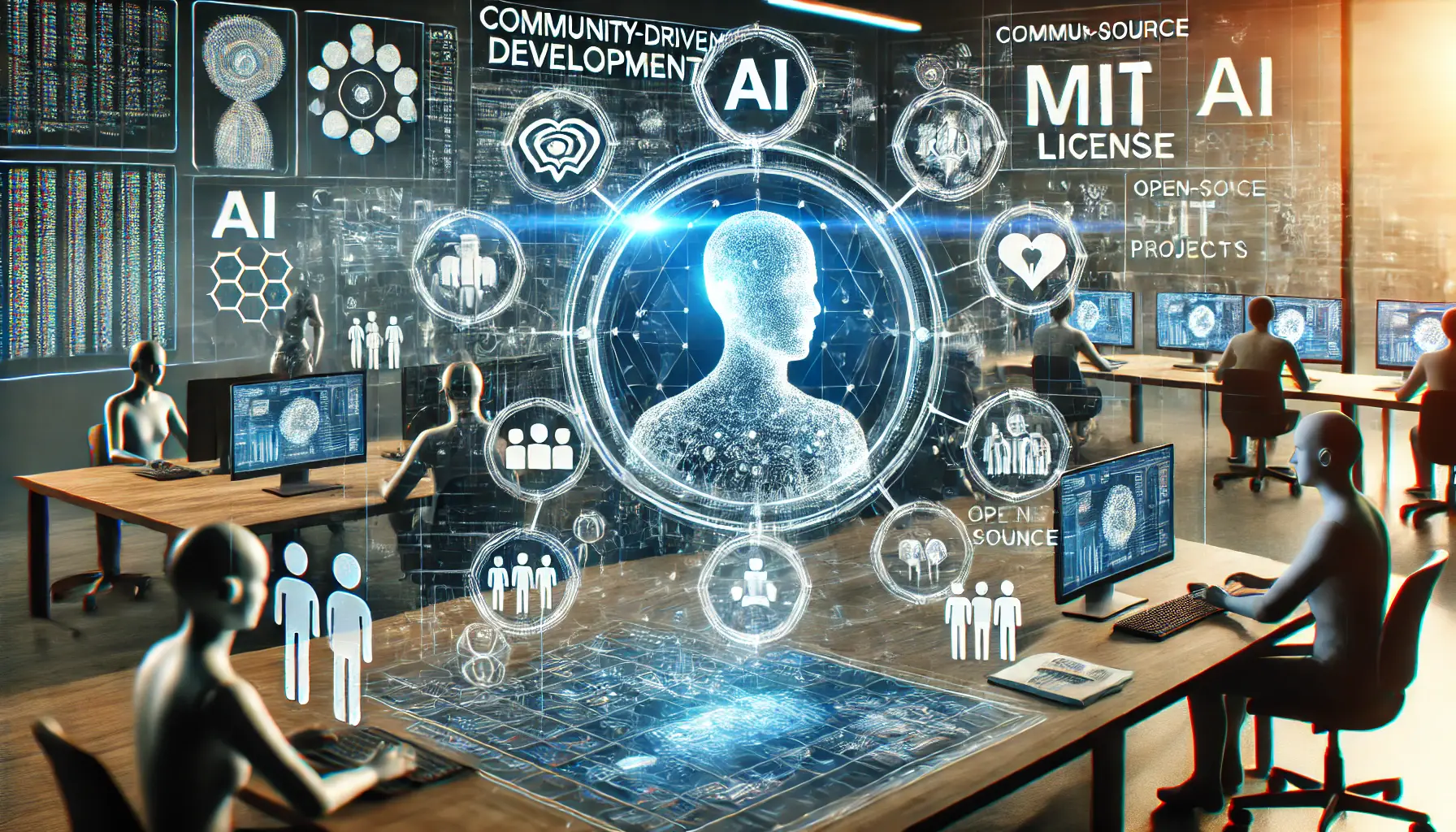 A futuristic AI research environment with developers collaborating on an open-source AI model under the MIT License, featuring holographic interfaces and interconnected AI projects.