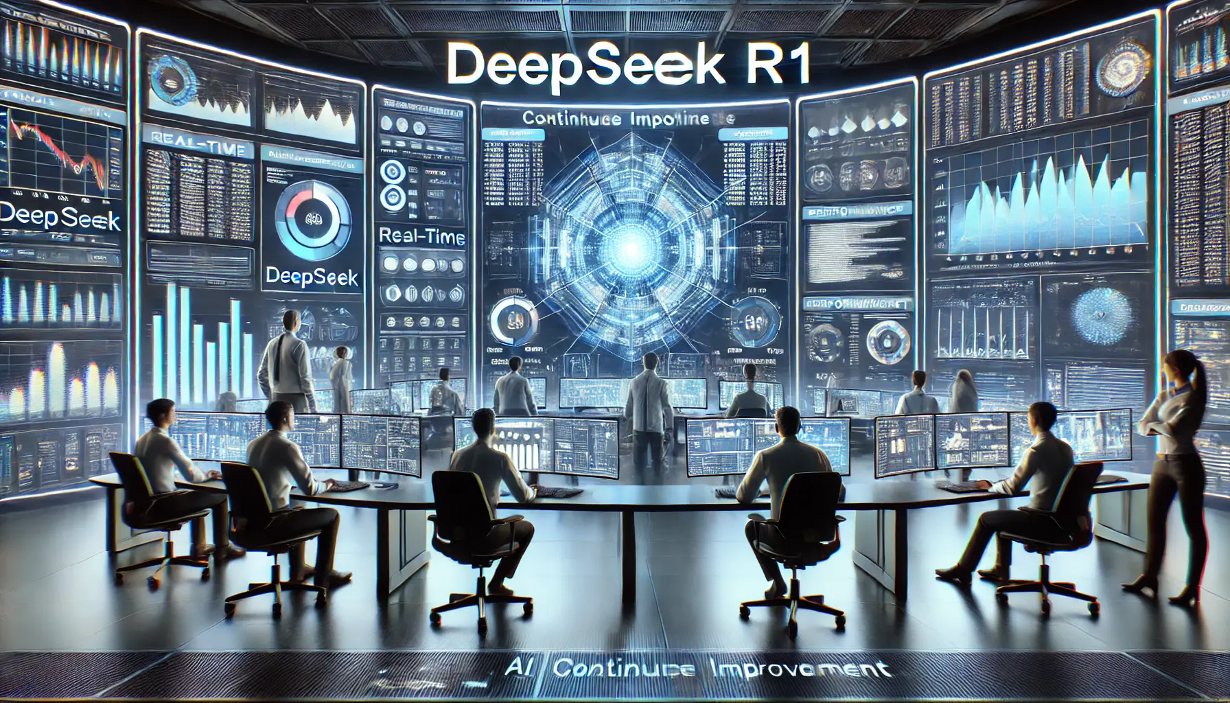 A futuristic control room with engineers monitoring DeepSeek R1's performance, analyzing real-time data, and optimizing the AI model.