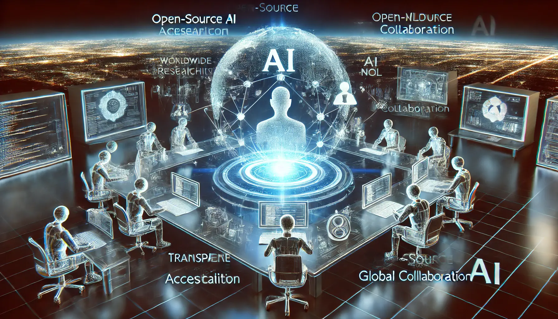 A futuristic AI research environment with developers collaborating on an open-source AI model, featuring holographic interfaces and interconnected AI nodes.