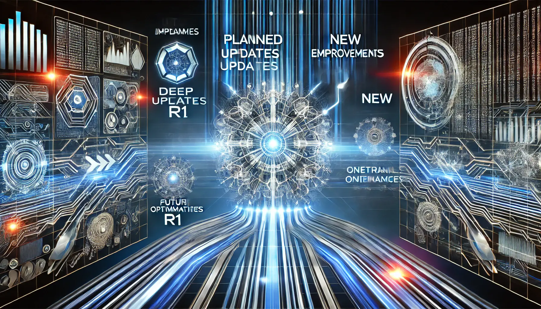 A futuristic digital concept showing an evolving AI system surrounded by glowing data streams and neural connections, symbolizing updates and enhancements.