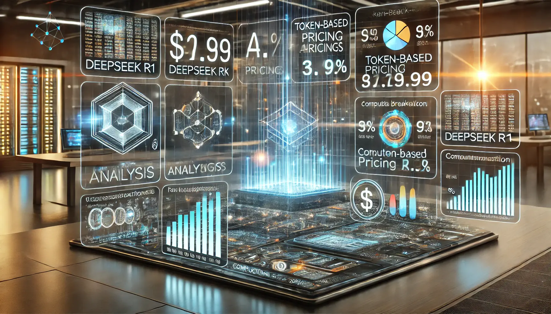 Futuristic AI pricing analysis concept with a digital dashboard displaying token-based pricing calculations, holographic financial graphs, and cost breakdowns.