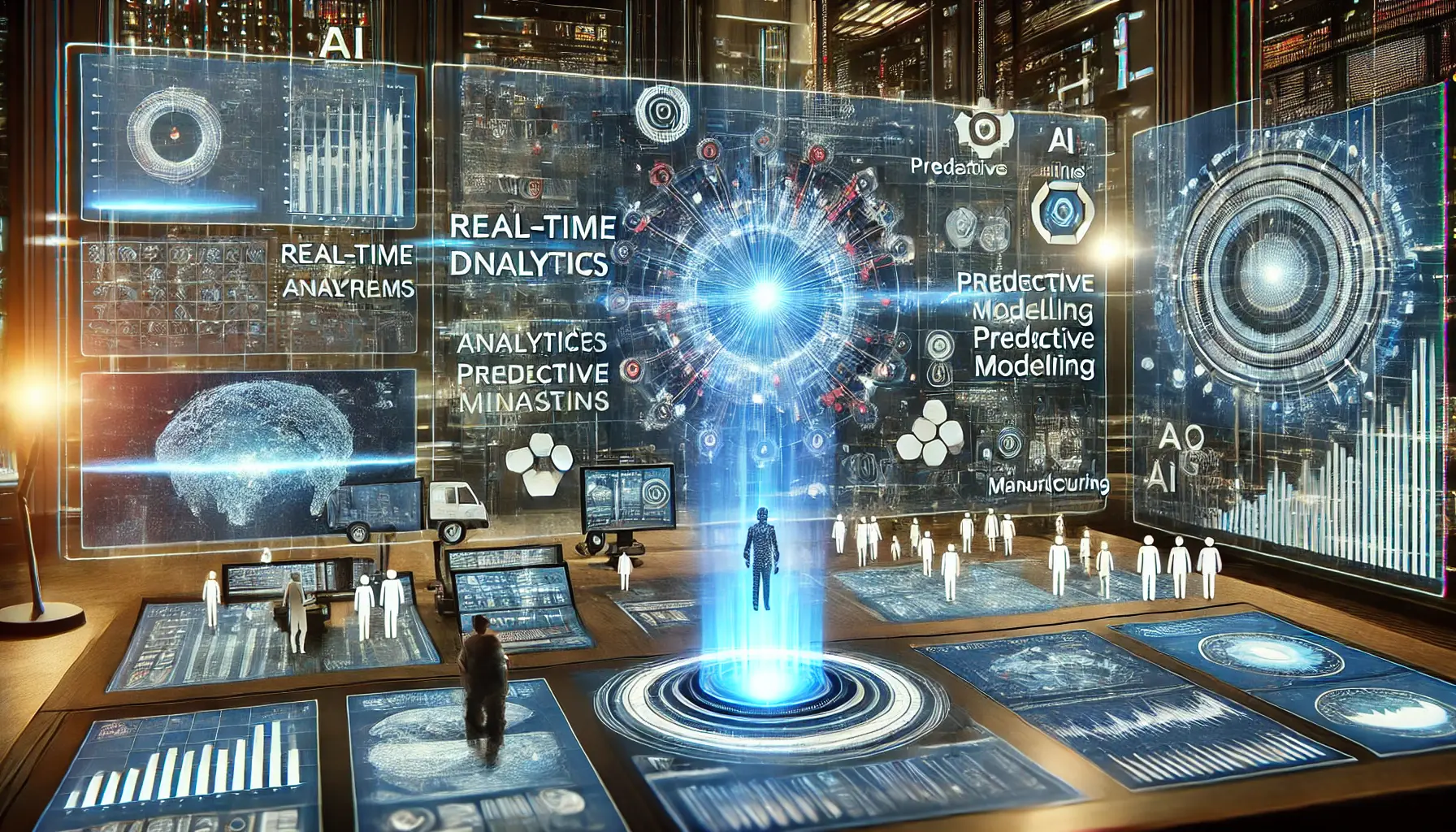 A futuristic AI system processing real-time data across industries like healthcare, finance, and manufacturing with holographic displays showing real-time analytics.