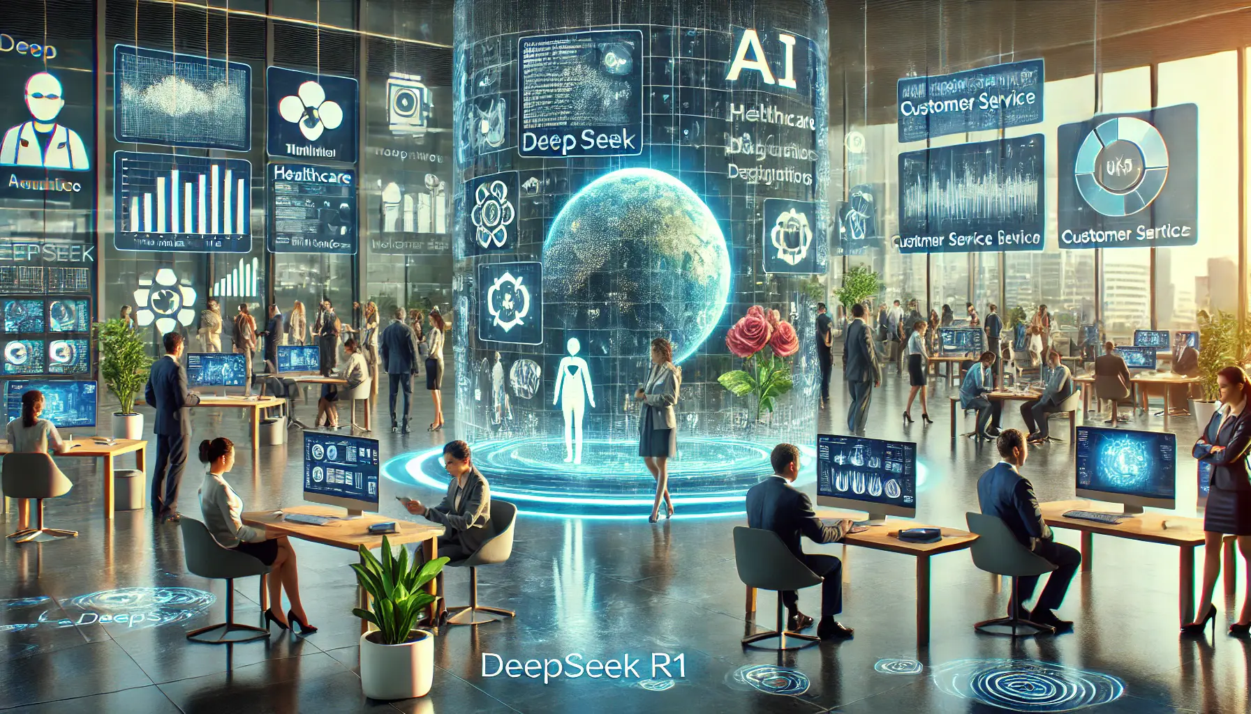 A futuristic environment showcasing DeepSeek R1's applications across various industries like healthcare, finance, and customer service.