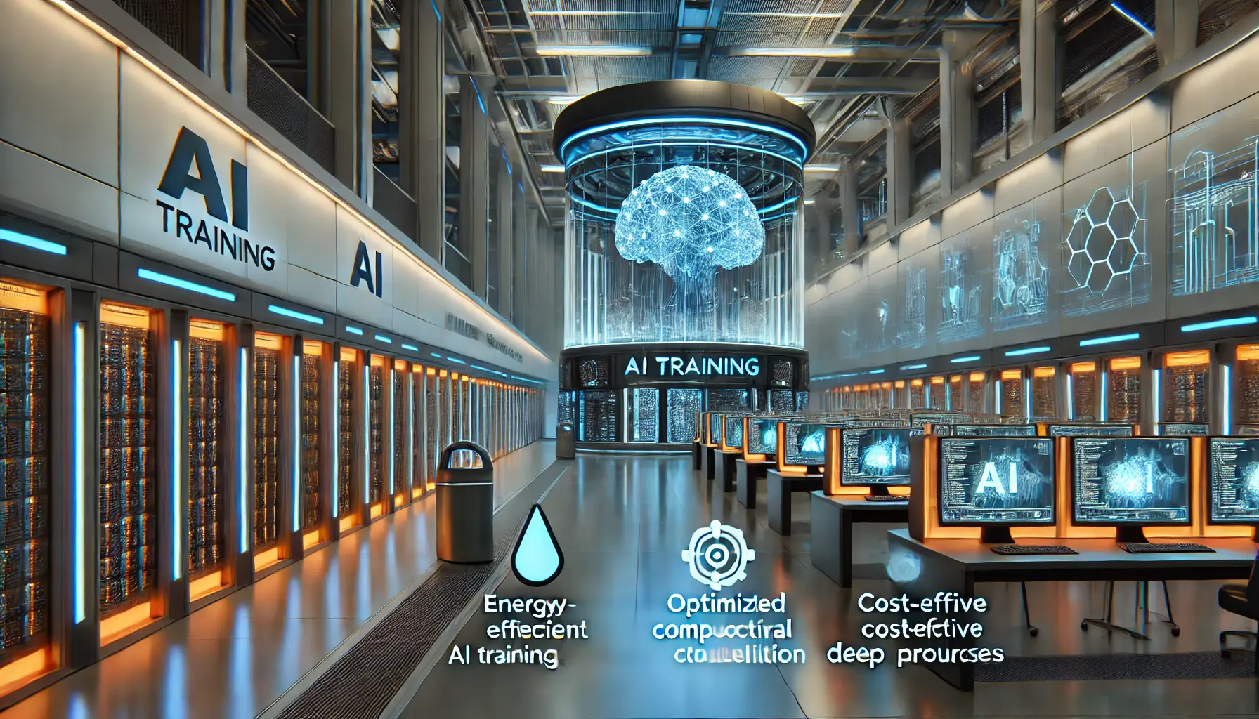 A futuristic AI training facility with energy-efficient AI servers and optimized computational clusters reducing training costs.