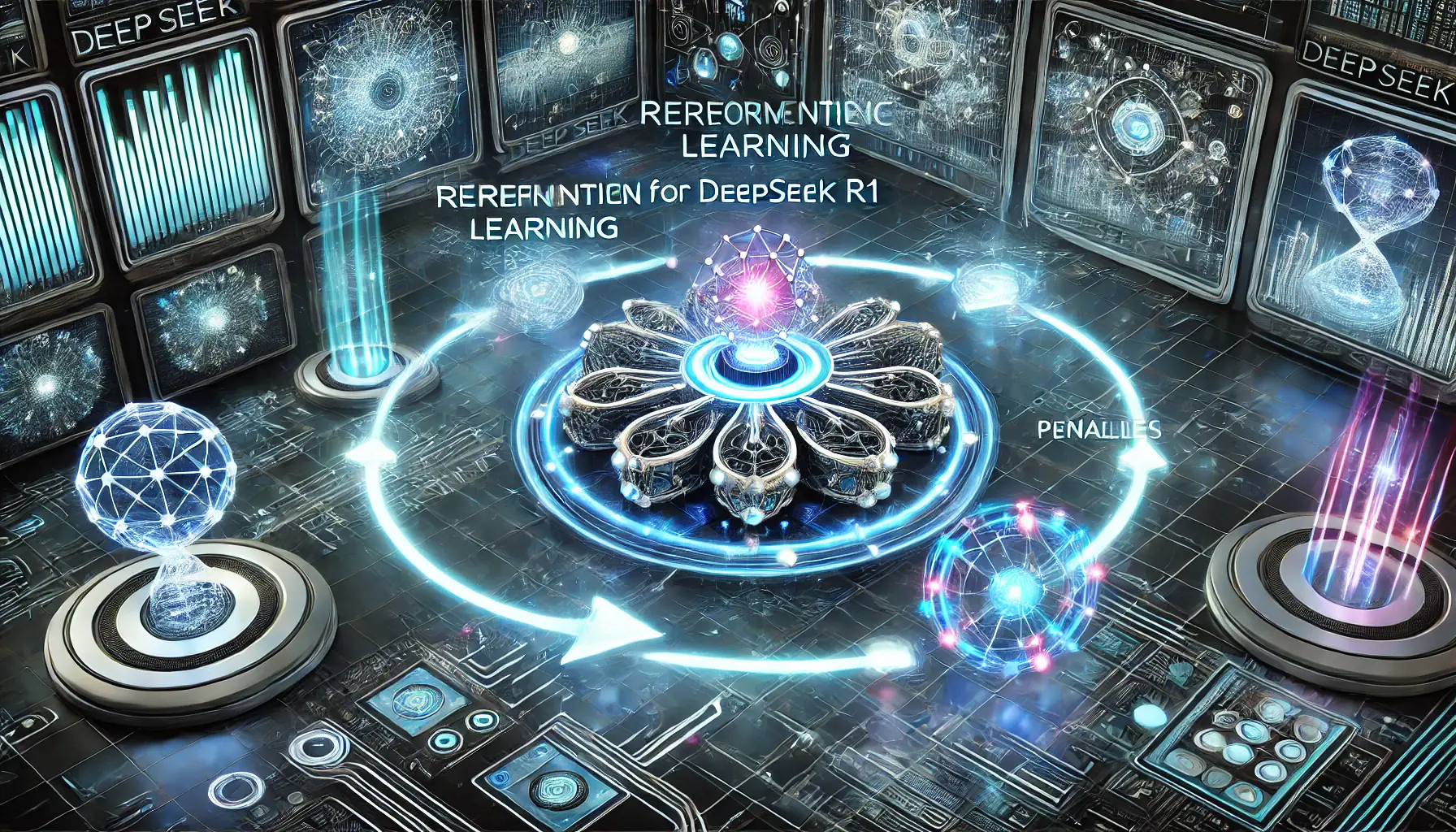 A futuristic AI training system with glowing feedback loops, symbolizing reinforcement learning and self-improvement in DeepSeek R1.