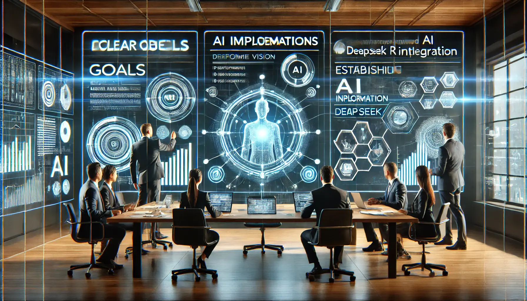 A futuristic business planning room with professionals defining AI implementation goals, using holographic strategy boards and digital performance metrics.