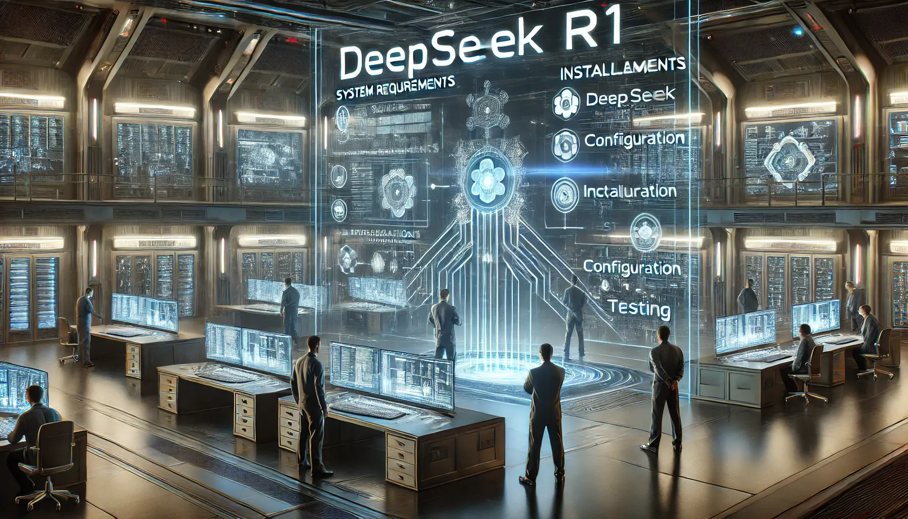 A futuristic control room with professionals analyzing a step-by-step AI implementation process using holographic displays and digital screens.