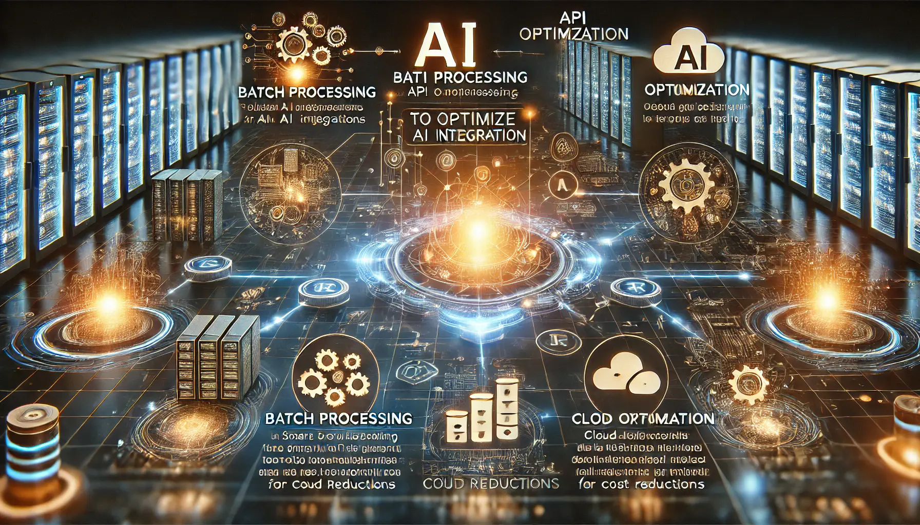 High-tech digital concept illustrating strategies to optimize AI integration costs, showcasing interconnected AI systems, optimized data flows, and cost-effective strategies.