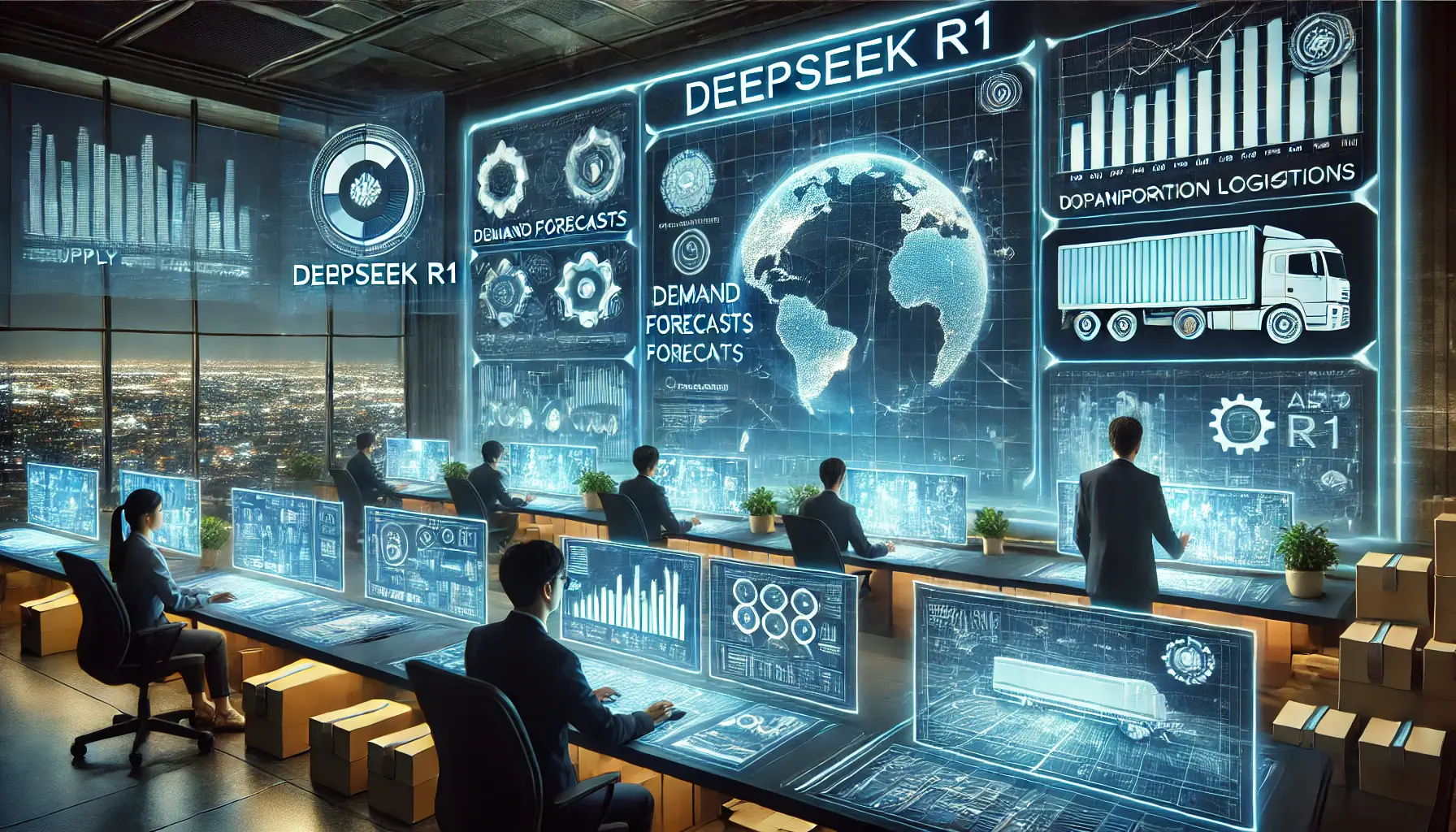 A high-tech supply chain management control room with professionals optimizing logistics using AI-powered tools and interactive holographic screens.