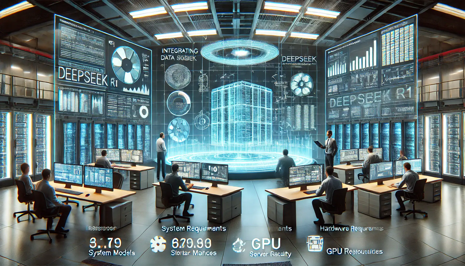 A futuristic tech workspace where engineers review system specifications, server hardware, and GPU requirements for DeepSeek R1 integration.