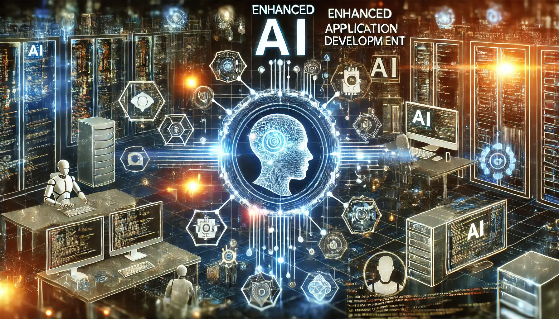 High-tech digital concept illustrating enhanced AI application development, featuring interconnected AI systems, programming environments, and glowing data streams.