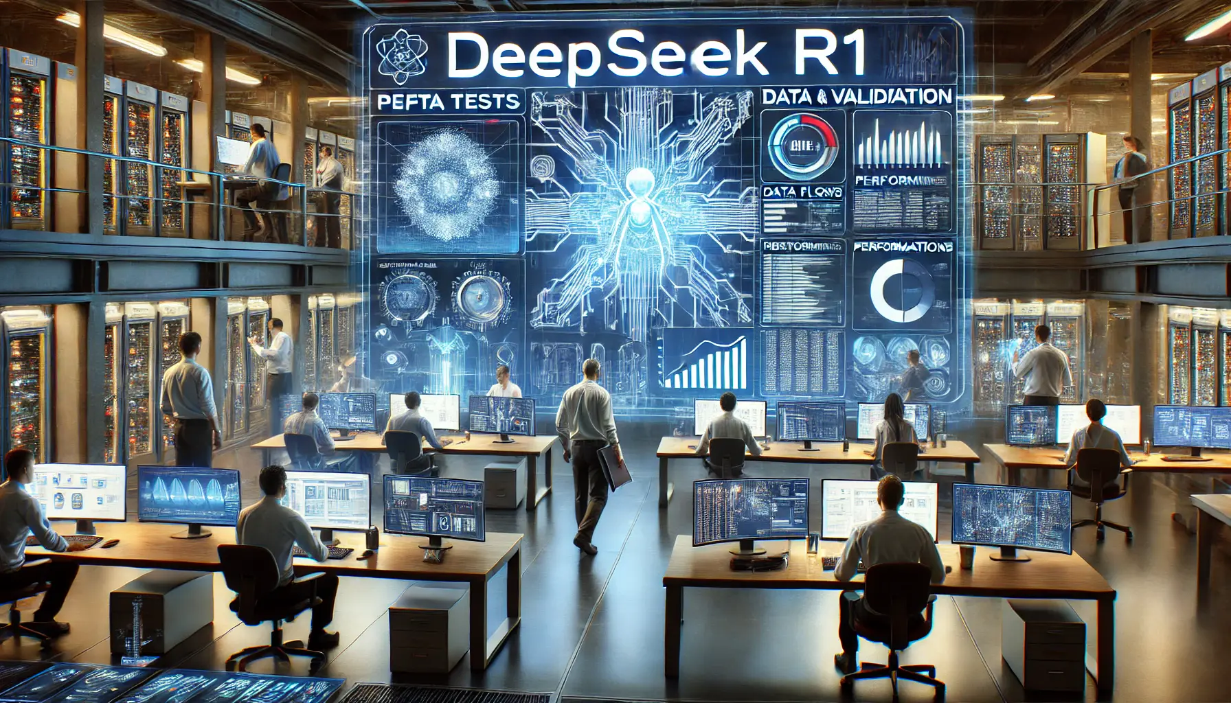 A high-tech control room where engineers are testing and validating DeepSeek R1, analyzing performance metrics and real-time data.