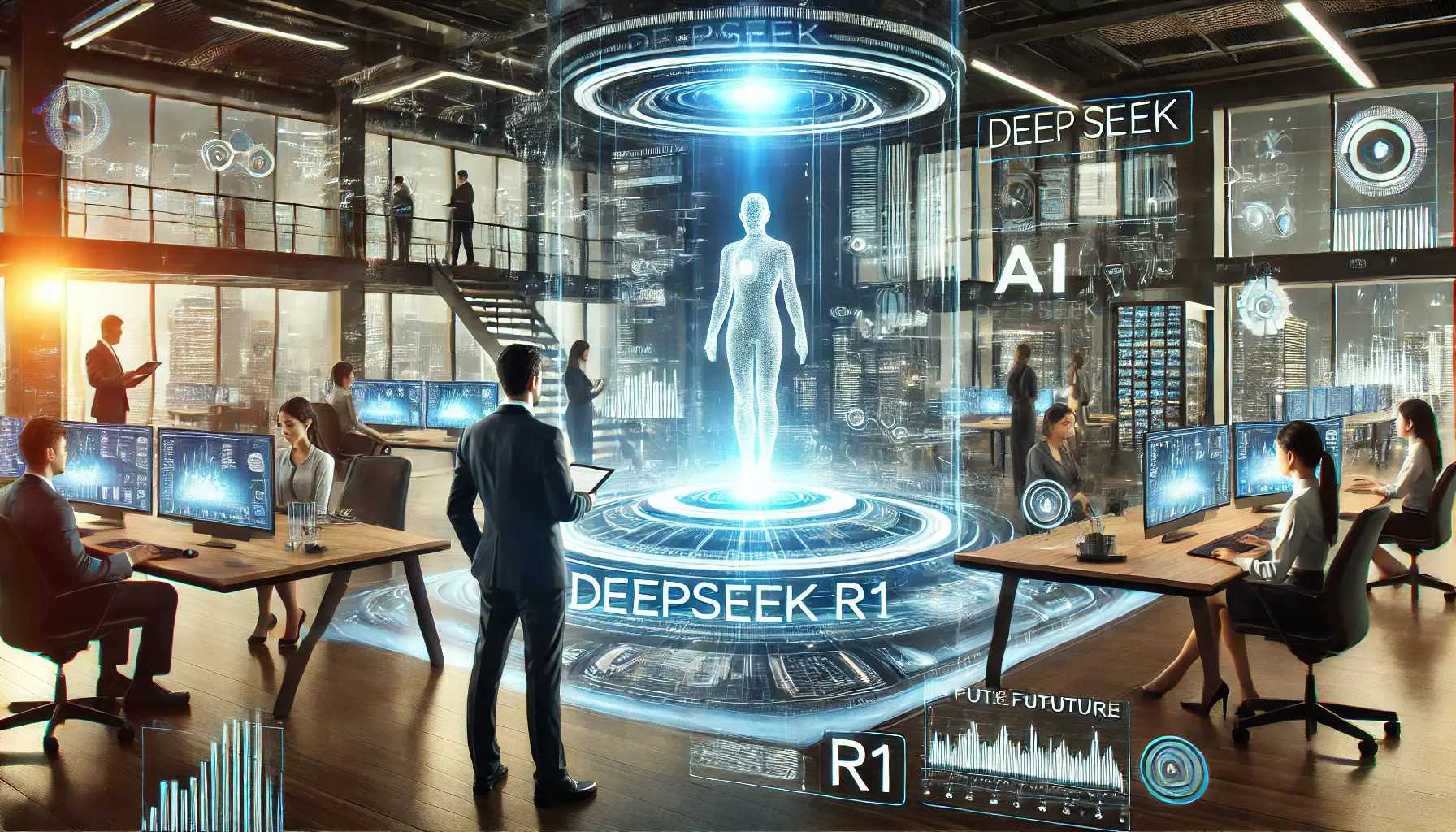 A futuristic business environment where DeepSeek R1 drives business operations, featuring professionals using AI tools for decision-making.