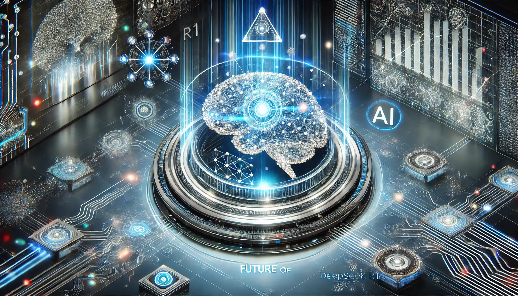 A digital concept representing the future of DeepSeek R1, with an advanced AI system surrounded by evolving neural networks and dynamic data streams.