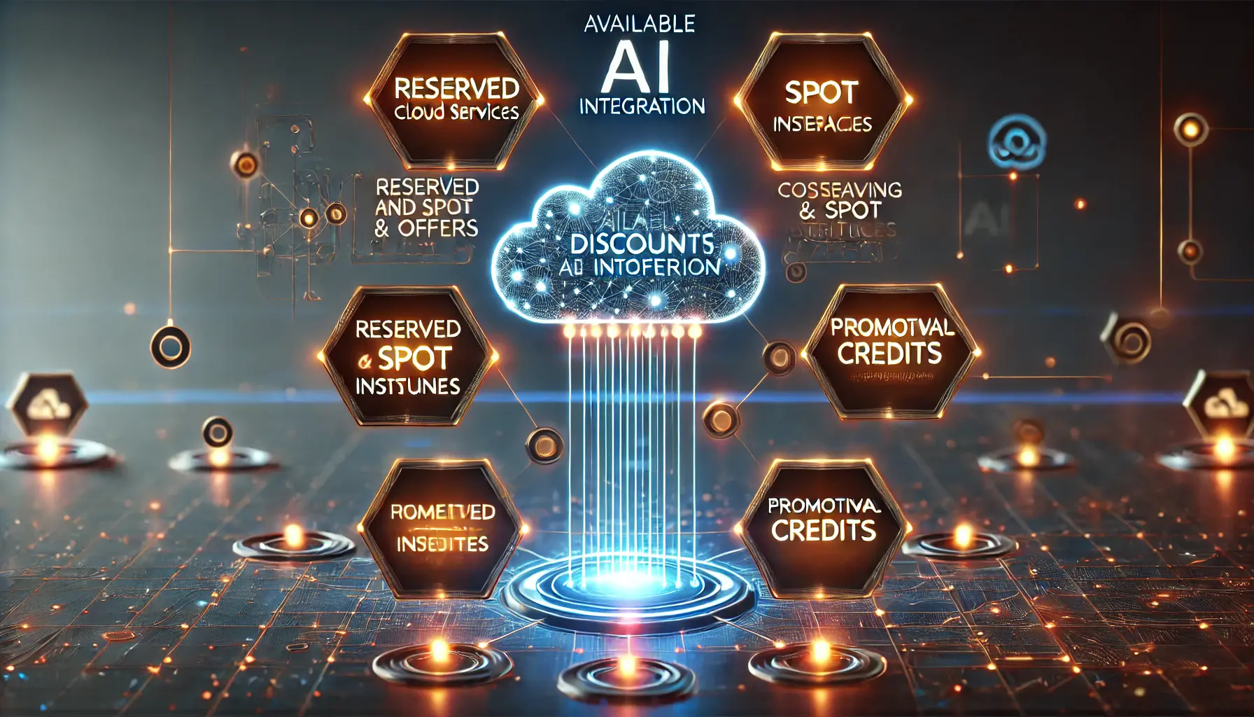 High-tech digital concept illustrating the utilization of discounts and offers for AI integration, with glowing data streams representing cost-saving strategies.