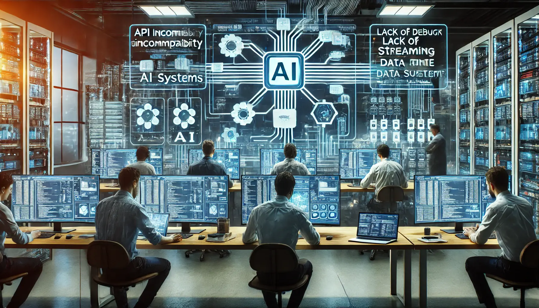 A technical office environment where professionals troubleshoot API incompatibility and lack of streaming support for AI systems, analyzing system logs on digital screens.