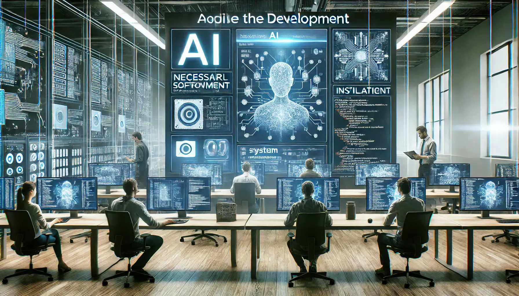 A modern tech workspace where professionals configure the development environment for AI systems, installing necessary software and tools.