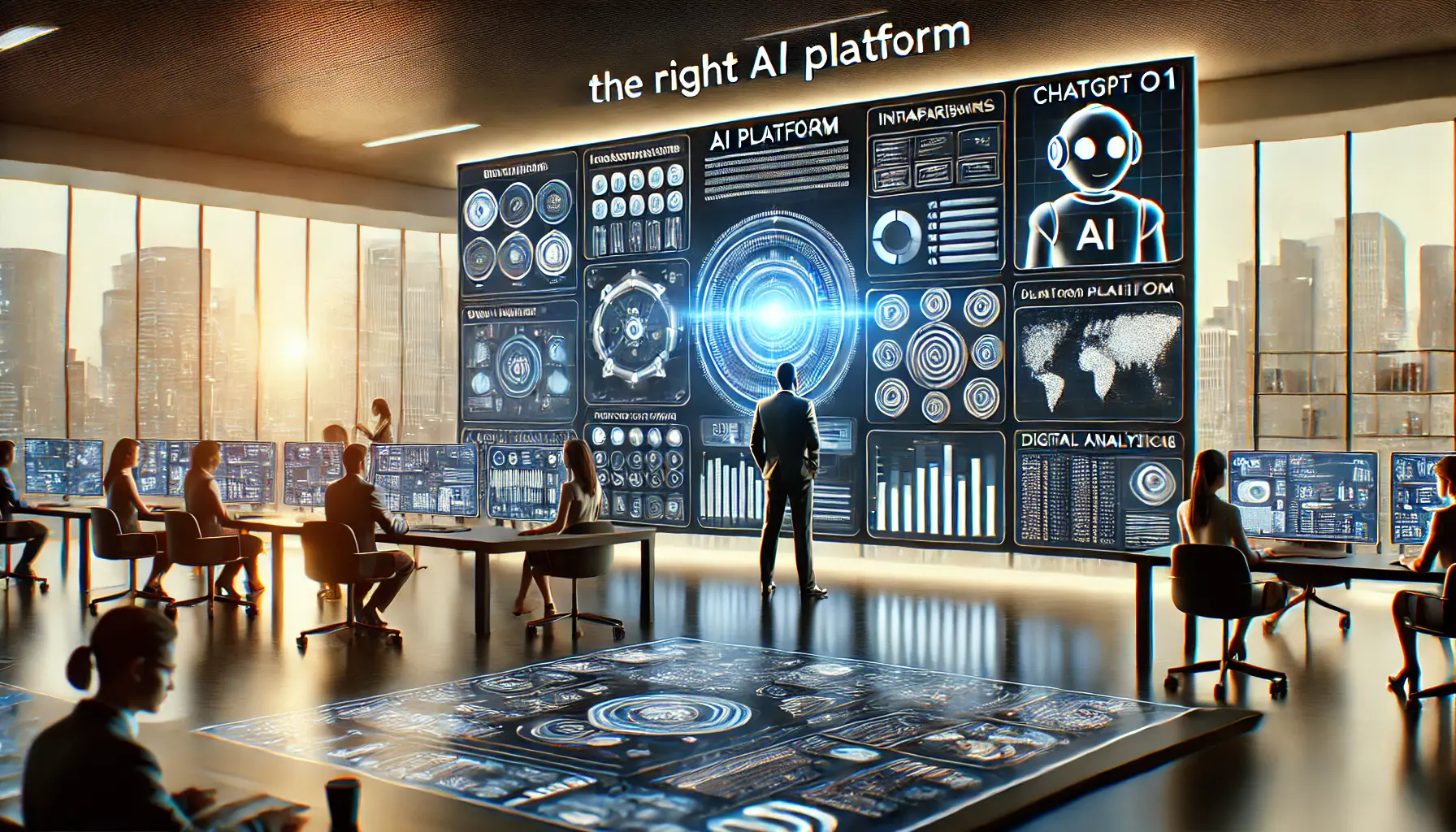 A high-tech office where professionals evaluate various AI platforms displayed on digital screens, comparing features and capabilities.