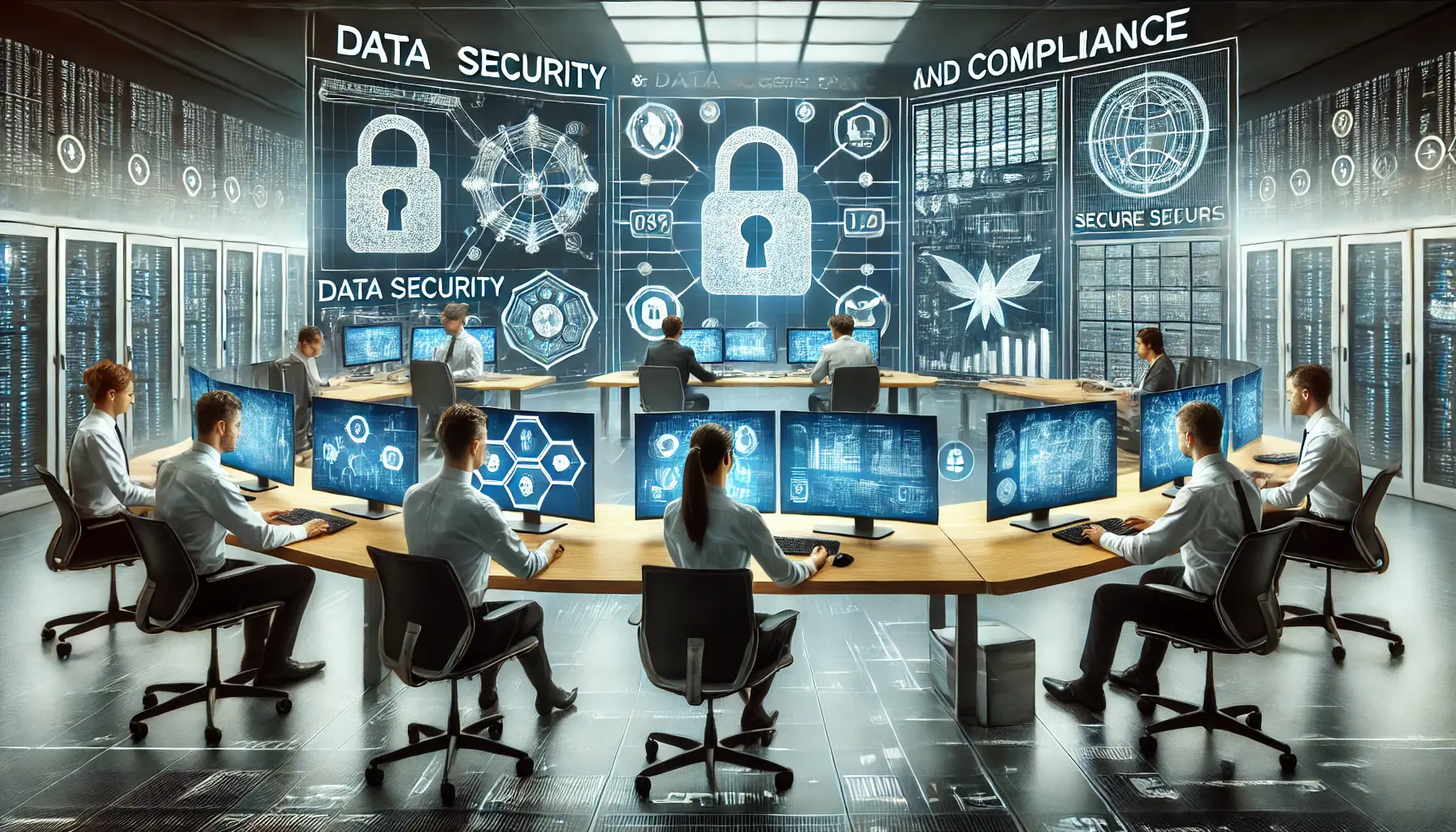 A secure office environment where professionals ensure data security and compliance for AI systems, with encrypted data and cybersecurity measures displayed.