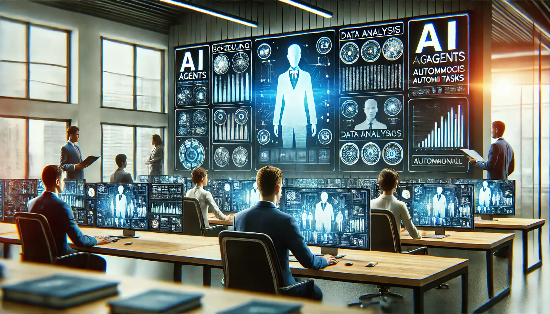 A modern office with AI agents autonomously managing tasks such as scheduling, data analysis, and decision-making, displayed on digital screens.