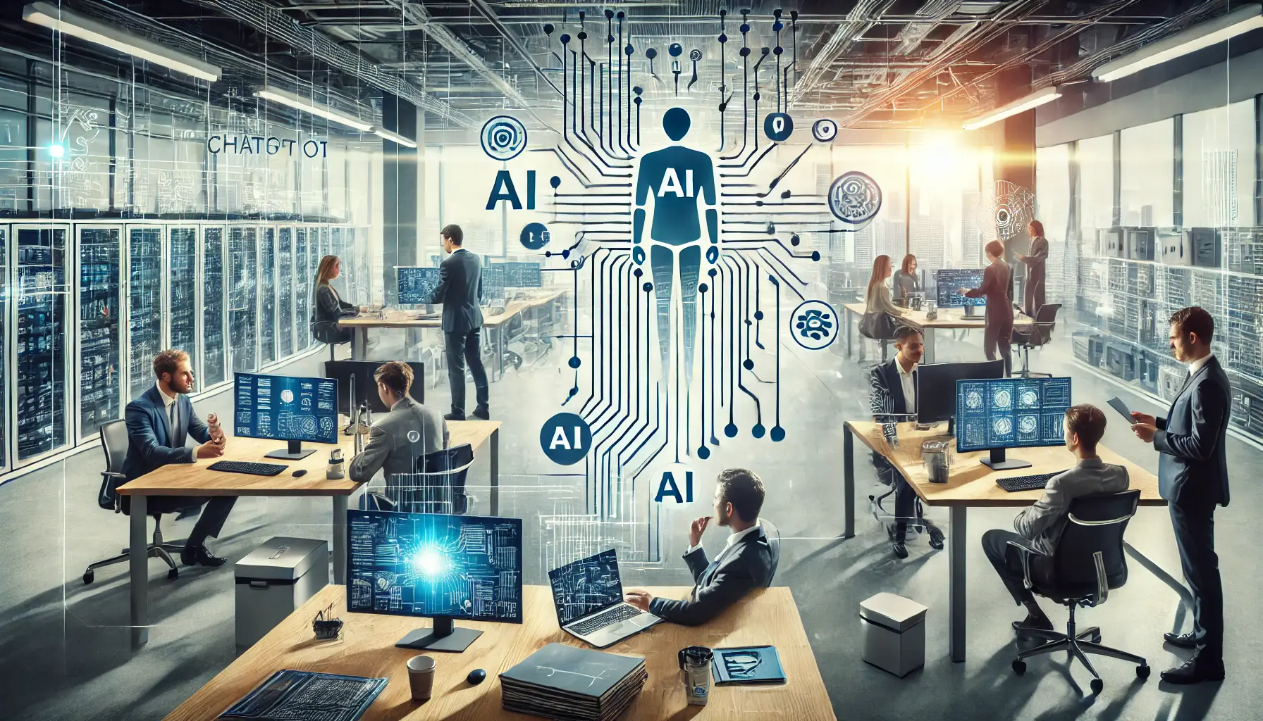 Professionals in a high-tech office integrating AI-powered systems with traditional business infrastructure, using digital devices and network connections.