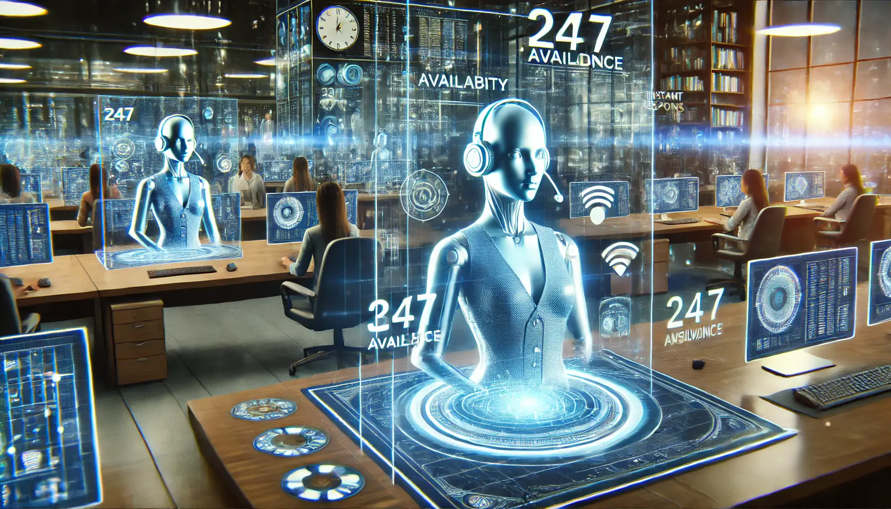 A futuristic AI-powered customer service system providing continuous support, engaging customers at different times of the day through multiple holographic screens.